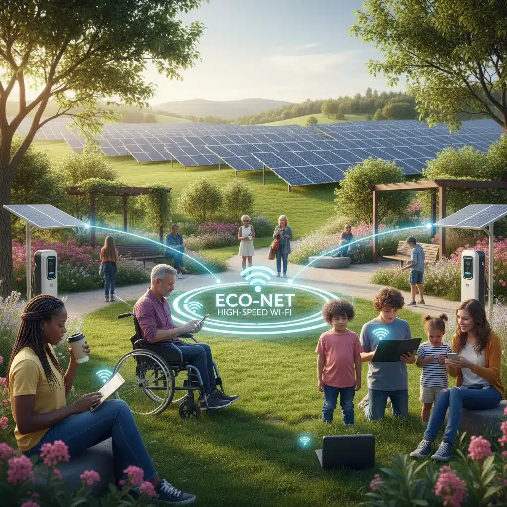 People using smart devices with high-speed internet and solar panels