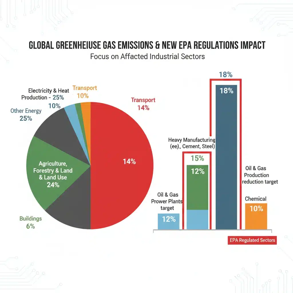 Infographic showing industrial greenhouse gas emission breakdown by sector, highlighting most affected industries by EPA regulations.