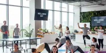 Happy diverse employees engaging in various wellness activities in a modern office
