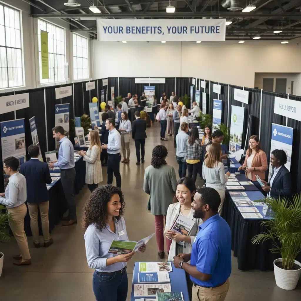 Employees at a benefits fair, gathering information and discussing their options with representatives.