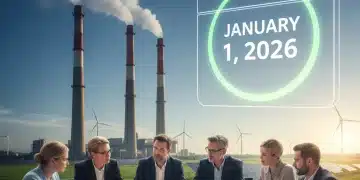 Industrial smokestacks emitting clean air with a calendar date of January 1, 2026, symbolizing new EPA emissions regulations.
