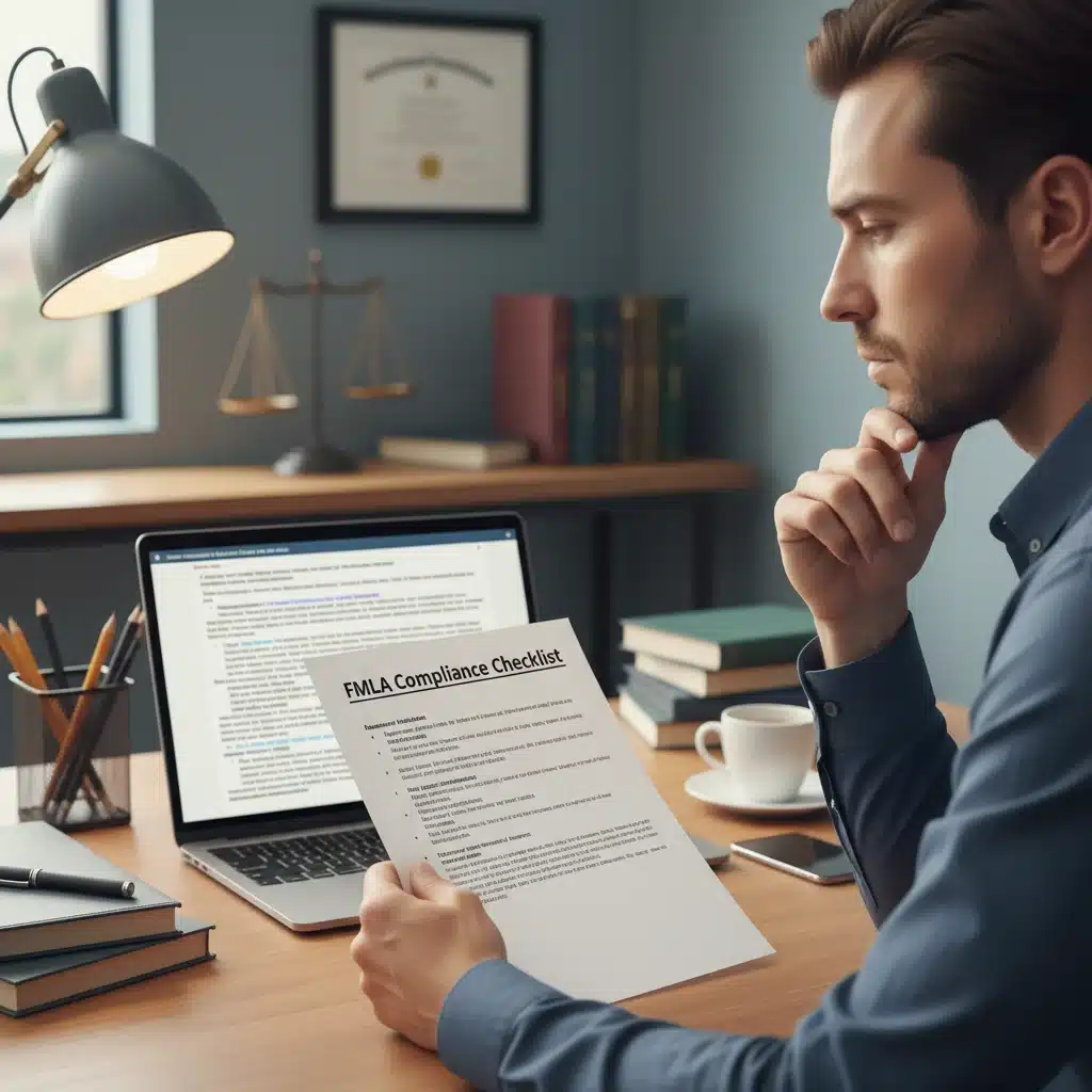Person reviewing FMLA compliance checklist at a desk with laptop