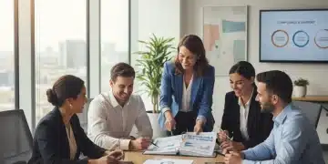 Diverse employees and HR manager reviewing FMLA policy documents in a modern office