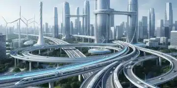 Futuristic highway and rail infrastructure with modern buildings