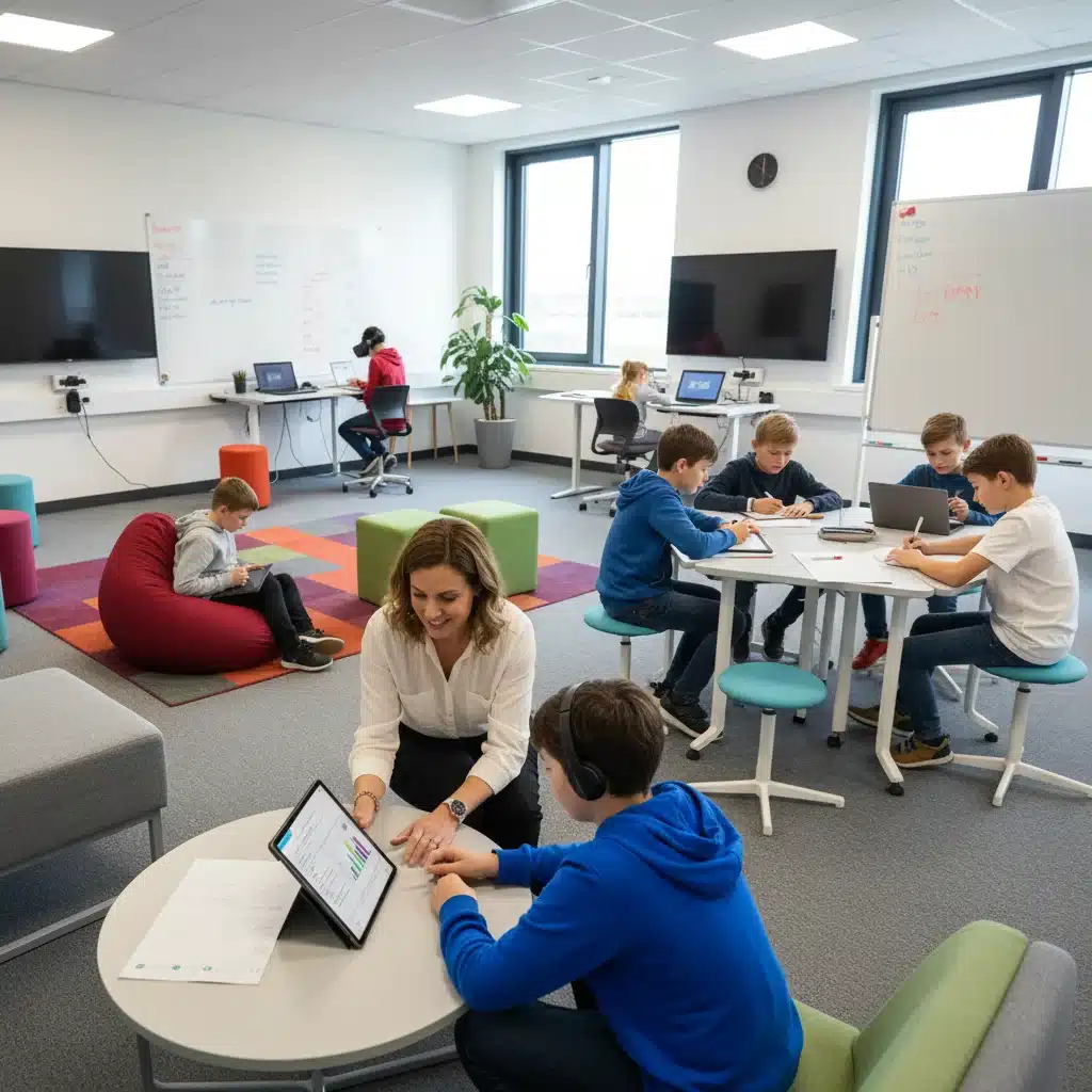 Teacher providing individualized instruction to a student in a flexible classroom