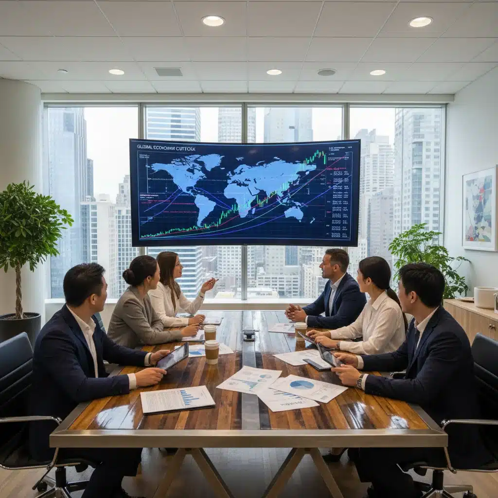 Investment professionals discussing global economic forecasts and bond yield curves.