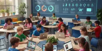 Students learning on personalized digital devices in a modern classroom