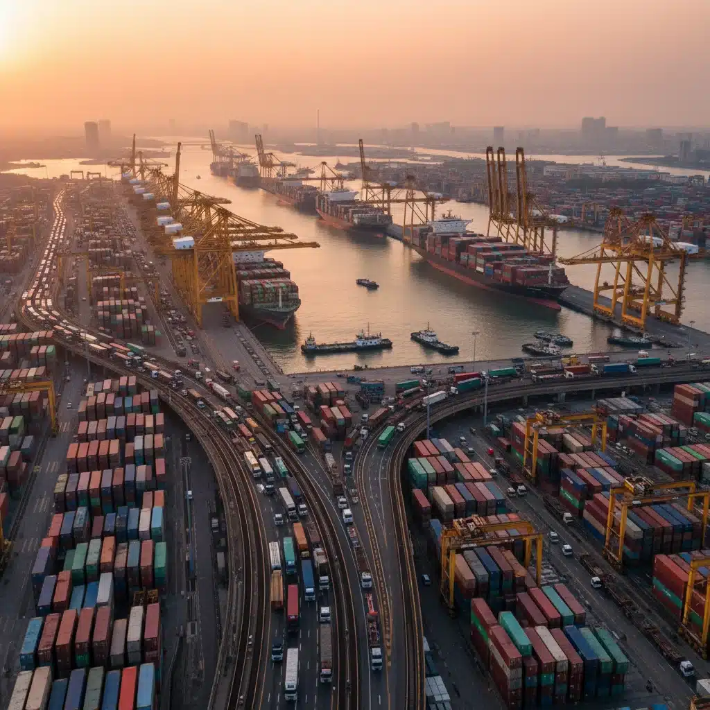 Container ships at a busy port facing logistical challenges