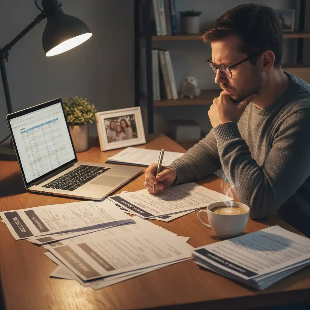 Individual reviewing benefit options on a laptop and paper forms, contemplating choices for 2026.
