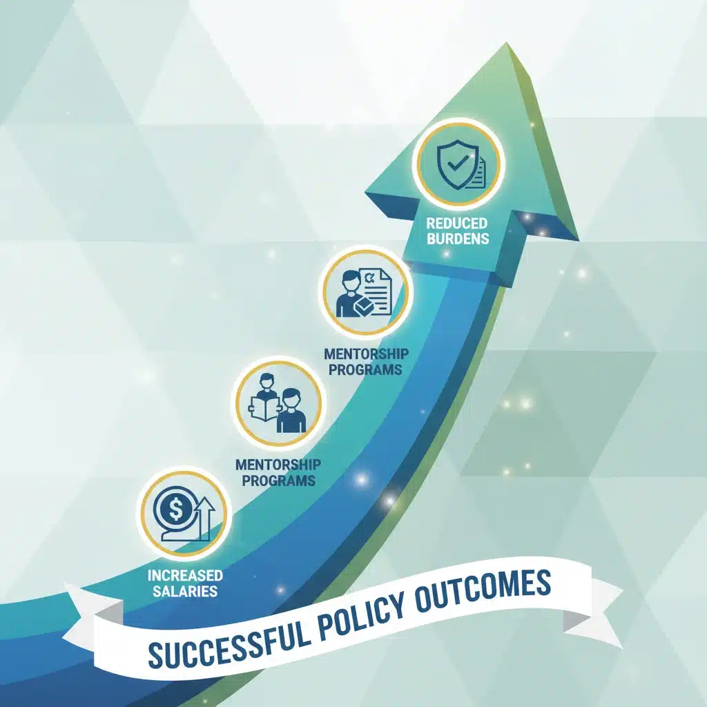 Infographic depicting positive trends in teacher salaries, mentorship, and reduced workload.