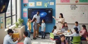 Teachers and students thriving in a modern classroom, symbolizing effective teacher shortage solutions.