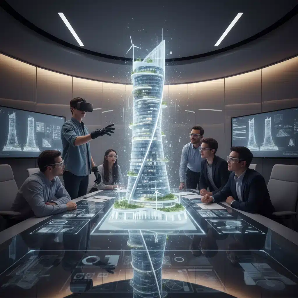 Architectural student showcasing 3D building design in VR