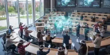 Students engaged in virtual reality learning within a university setting