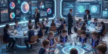 Students and teachers engaging with AI in a modern K-12 classroom setting