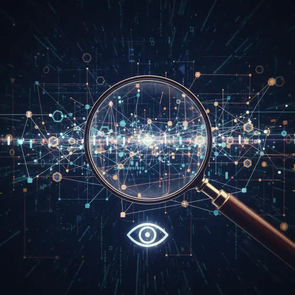 Blockchain network with magnifying glass symbolizing regulatory scrutiny.