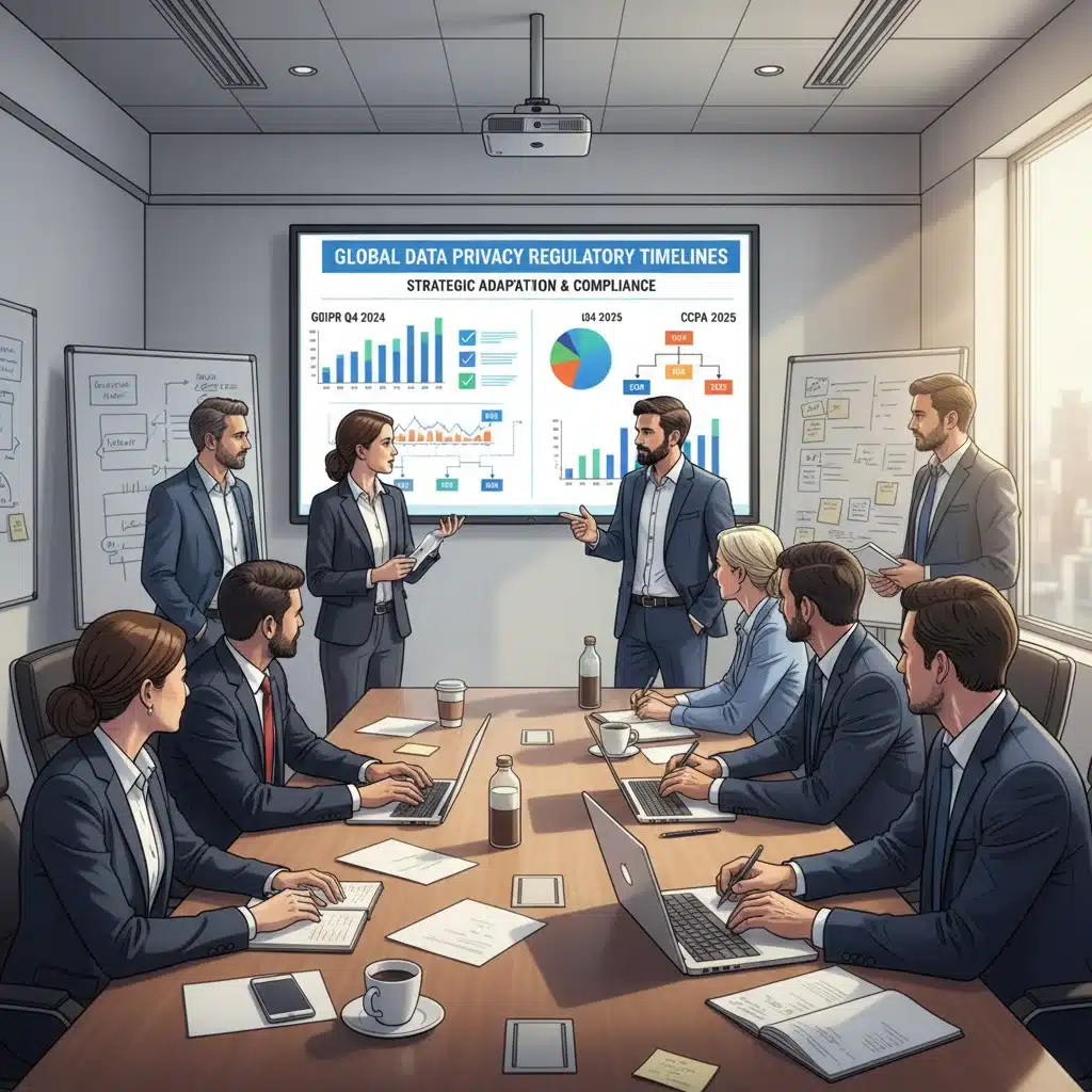 Business team strategizing for data privacy compliance