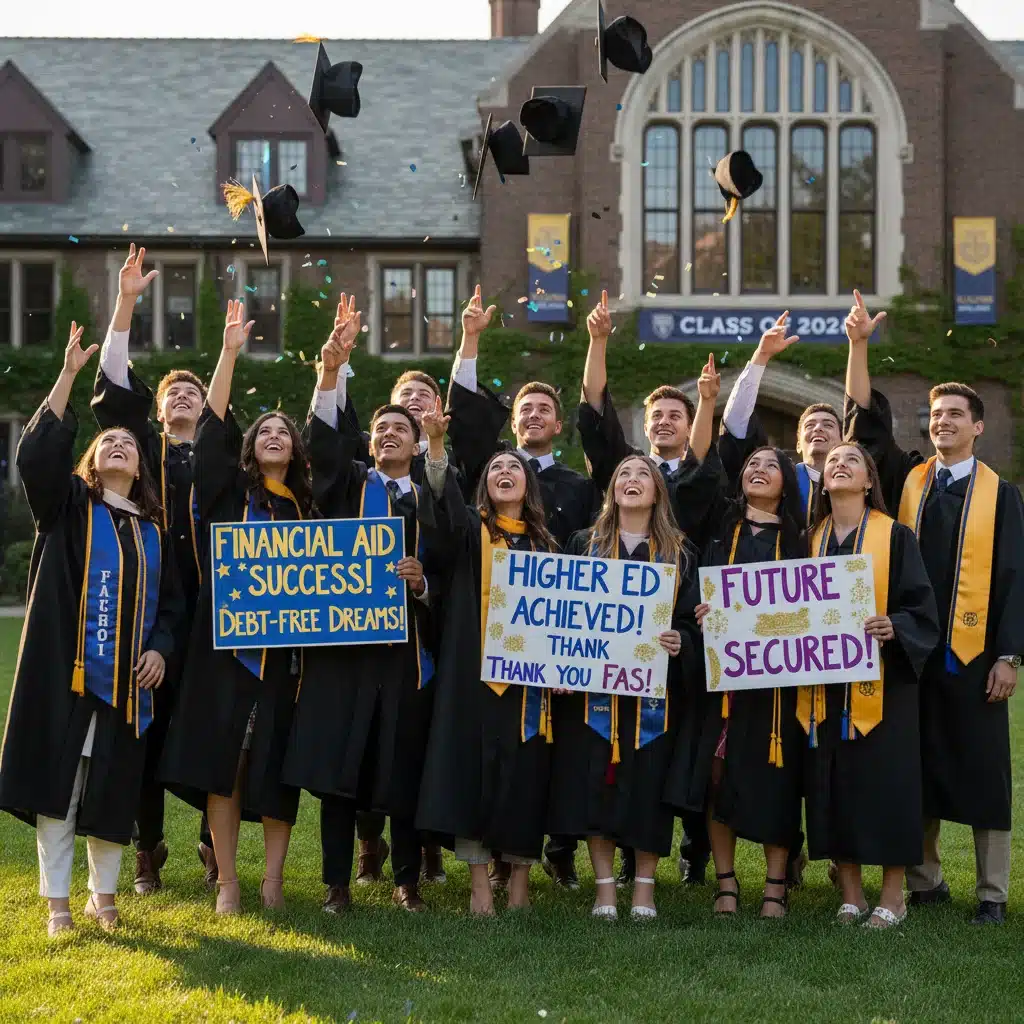 Diverse college graduates celebrating, symbolizing success from financial aid