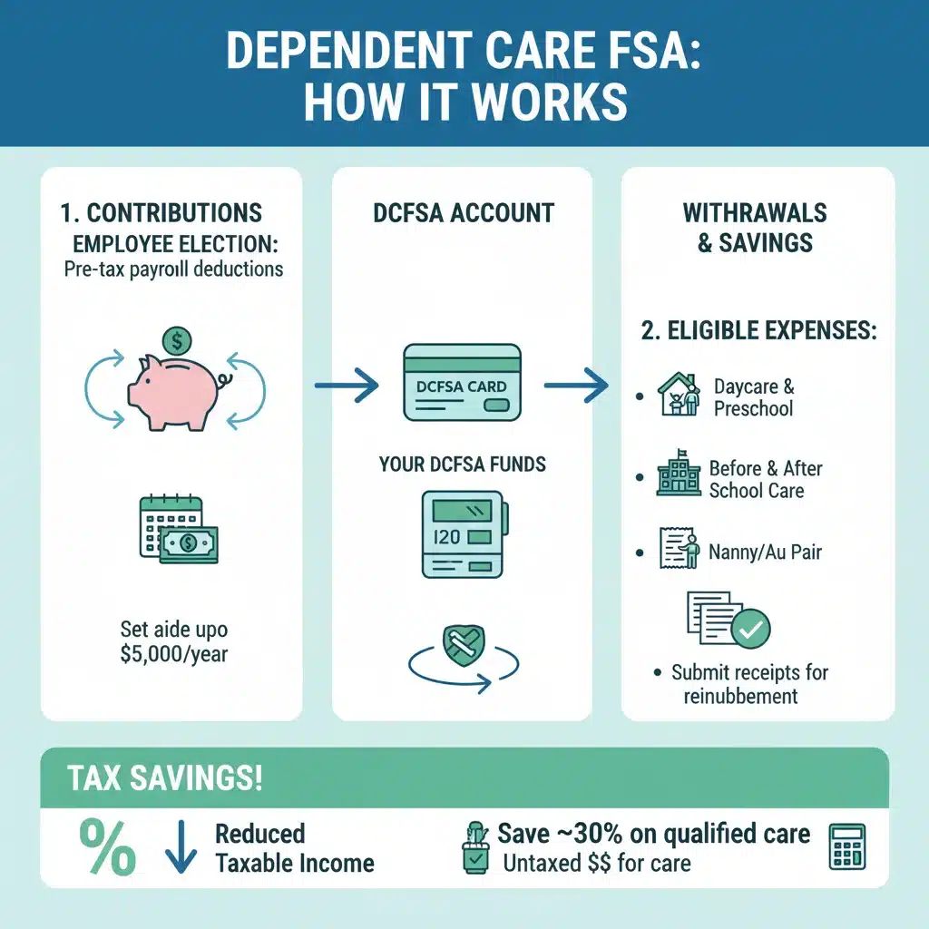 Infographic showing Dependent Care FSA fund flow and tax savings