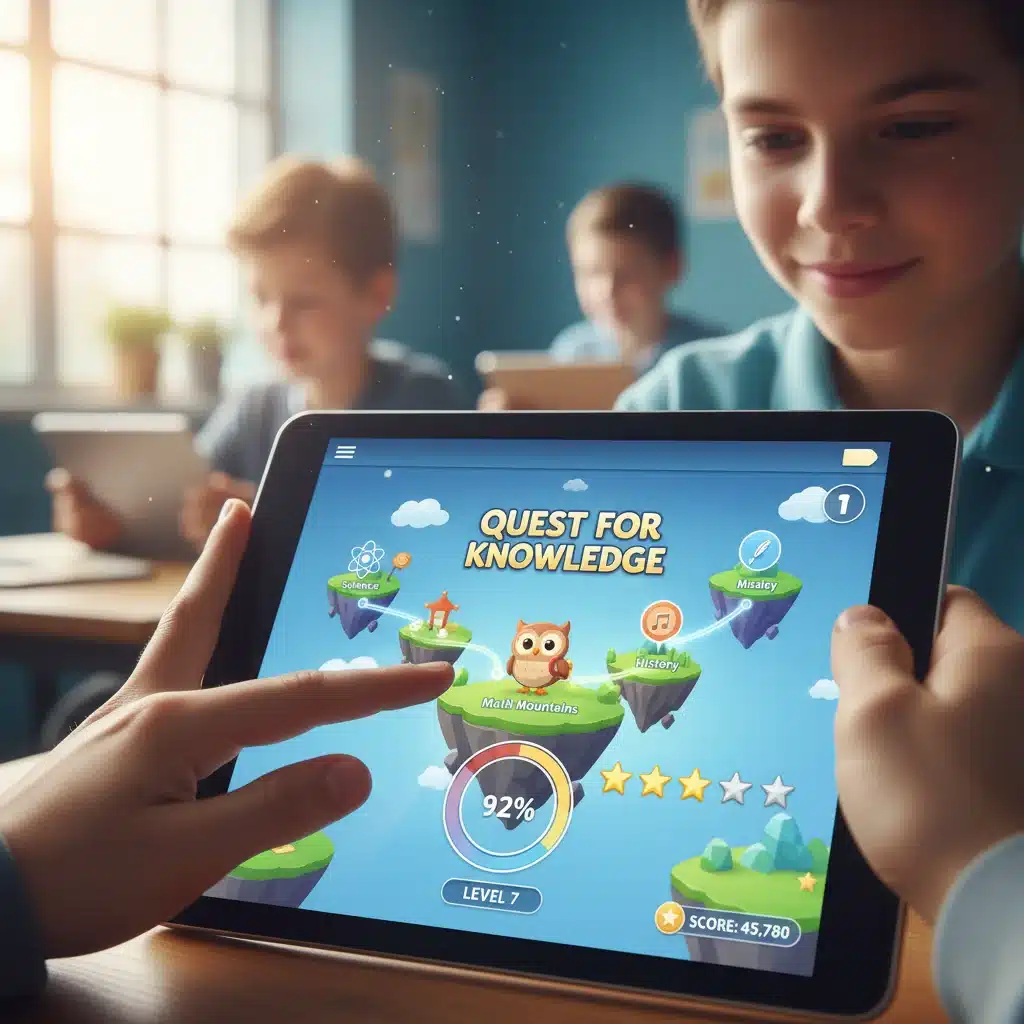 Student interacting with a gamified learning app on a tablet