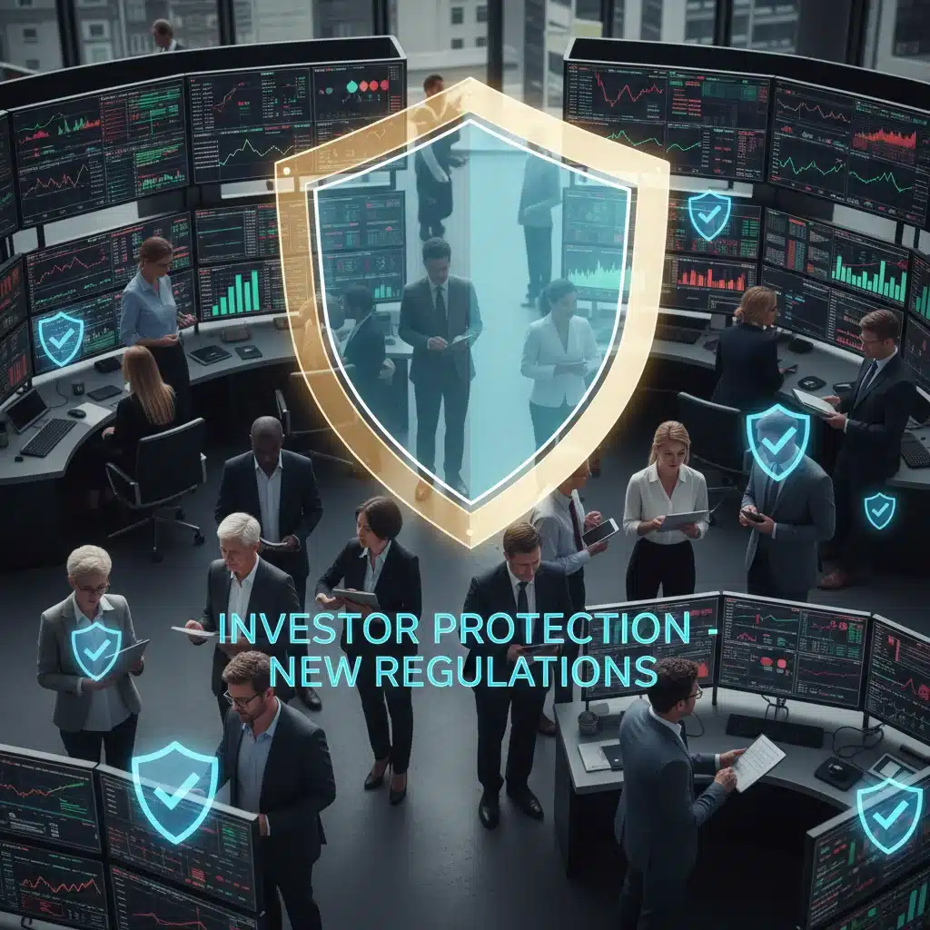Investors discussing digital assets with a protective shield overlay, symbolizing investor protection.