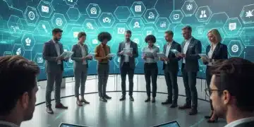 Professionals engaging with digital learning platforms and micro-credential badges, representing the future of skill-based education.