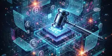 Stylized digital assets intertwined with legal documents and a gavel representing new SEC regulations.