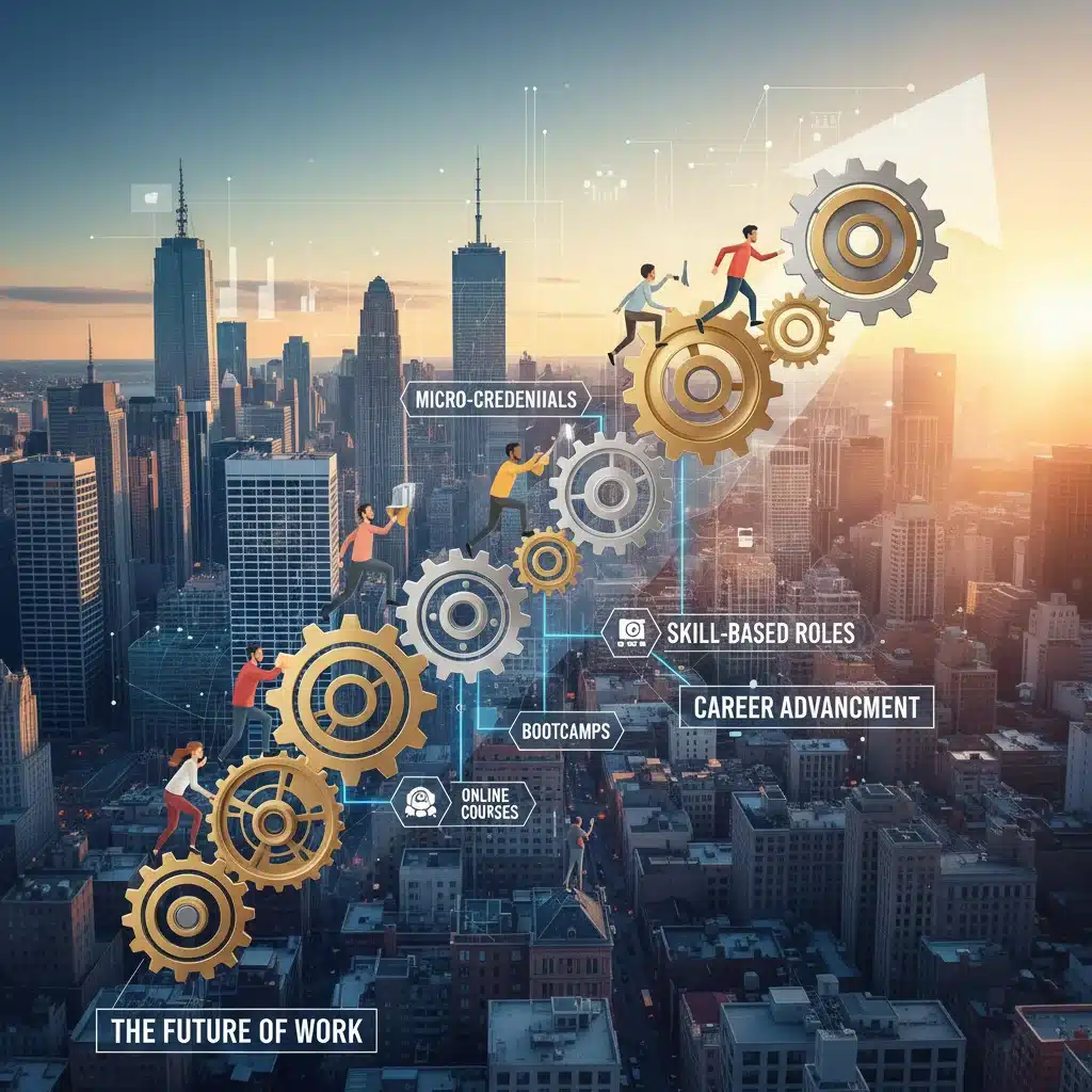 Infographic depicting the rise of skill-based employment and career growth through micro-credentials.