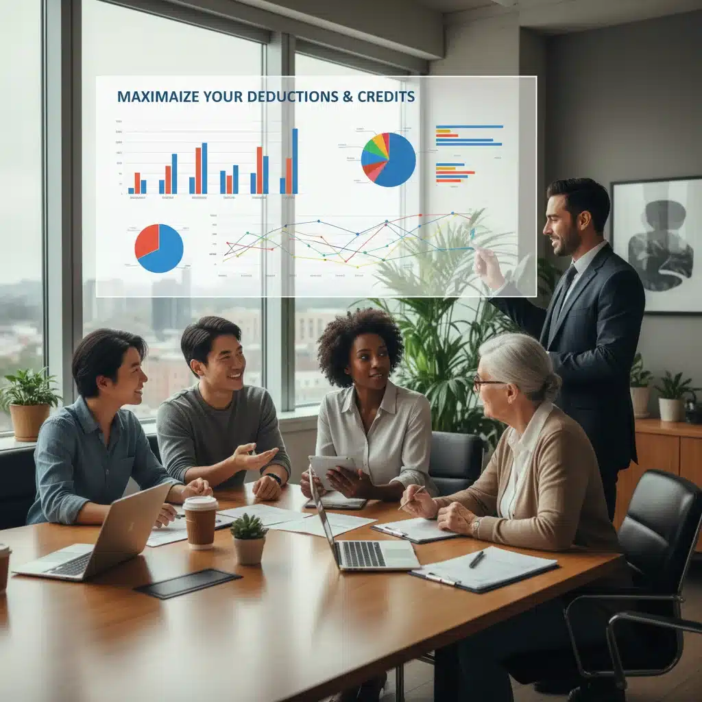 Diverse individuals consulting a tax advisor for financial strategy